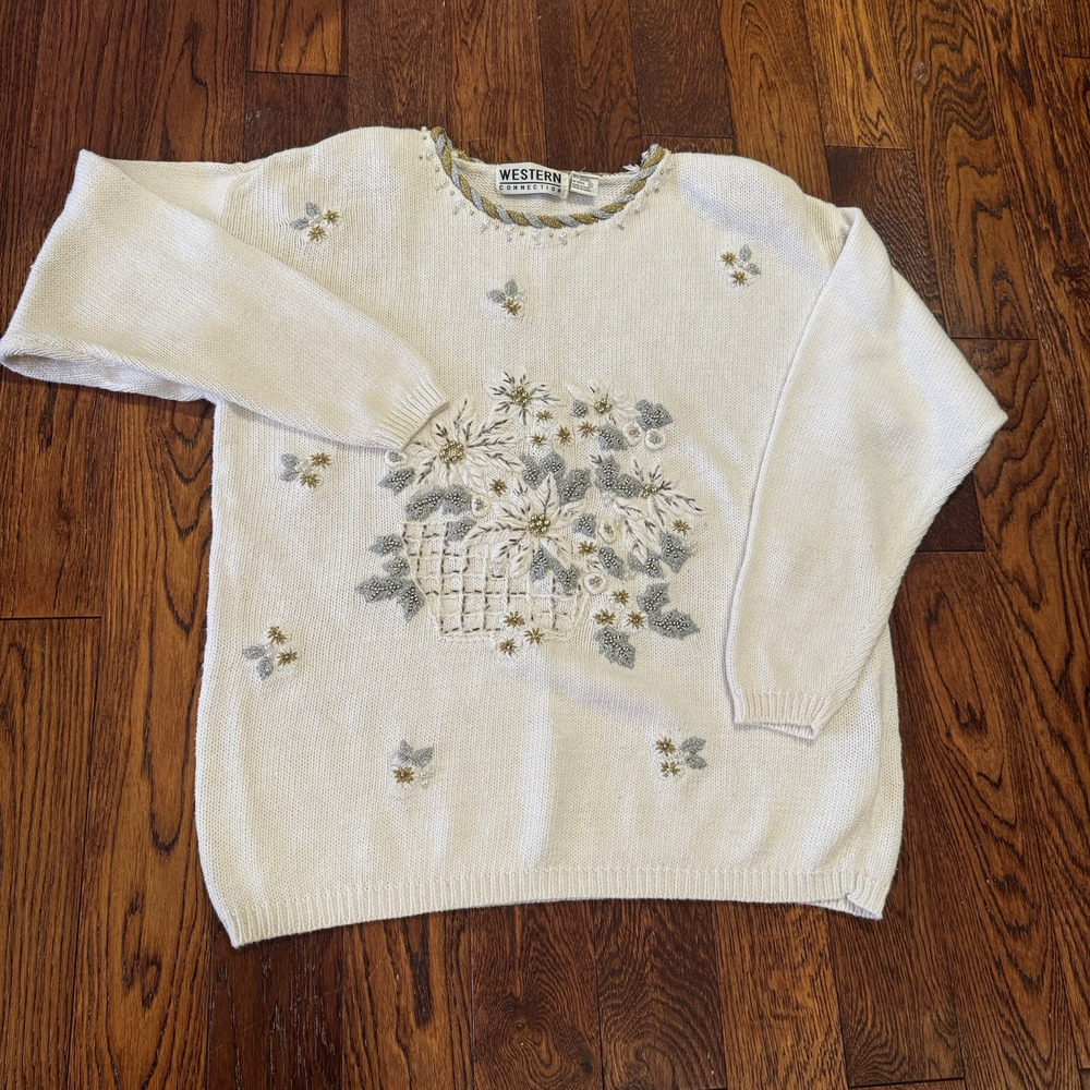 Vintage Christmas Sweater Womens Medium Floral Embroidery Cottage Core 1980's